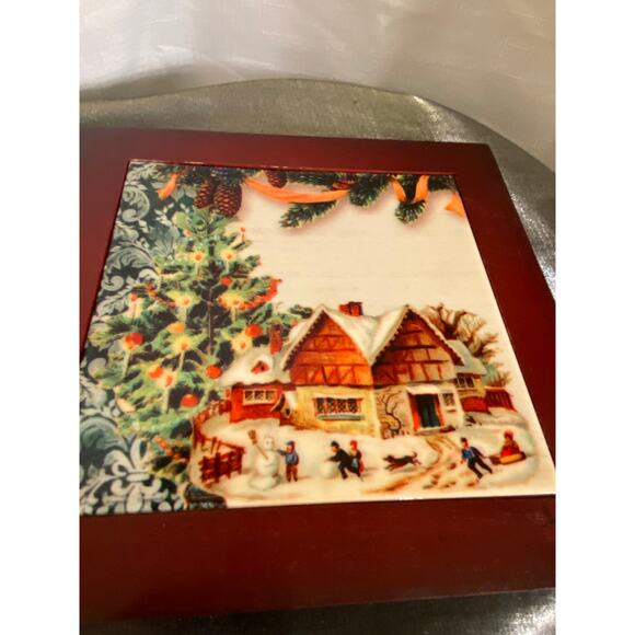 Cypress Home Ceramic Trivet Holiday Snow Scene by Audrey J Roberts 8" x 8" NIB - Picture 11 of 14